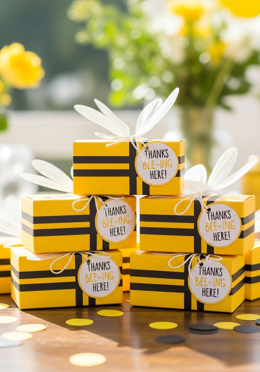 Adorable yellow favor boxes decorated to resemble honey bees with a 'Thanks for Bee-ing Here!' tag, a creative DIY baby shower favor.