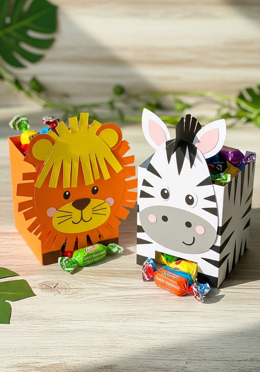Adorable DIY favor boxes decorated to look like jungle animals like a lion and zebra for a safari-themed baby shower.