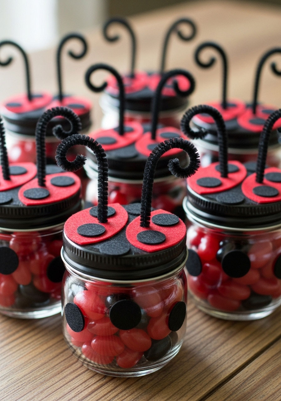 Cute DIY ladybug-themed candy jars made from mason jars with felt spots and pipe cleaner antennae for a garden baby shower favor.
