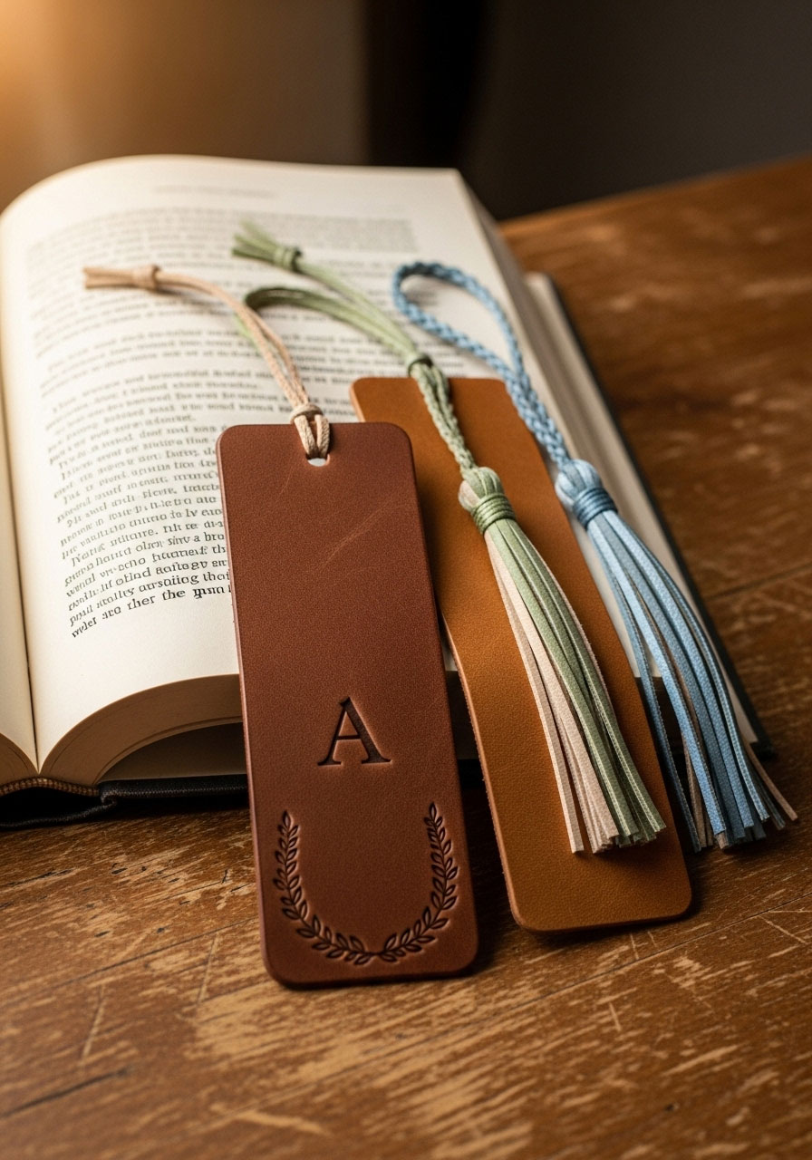 A sophisticated DIY baby shower favor of a handmade leather bookmark with a tassel, perfect for a storybook-themed party.