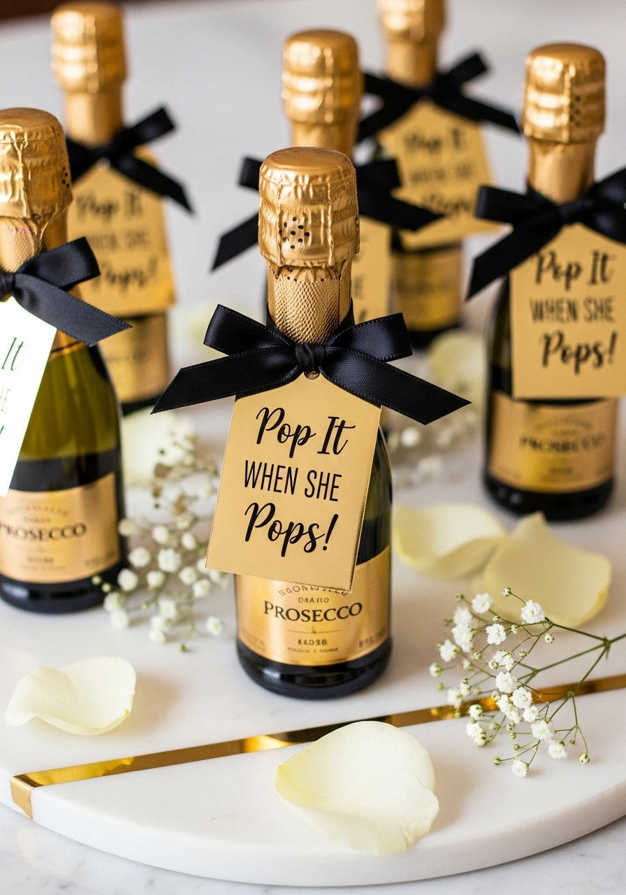 Chic mini champagne bottles with 'Pop It When She Pops!' tags, a celebratory DIY baby shower favor for an adults-only party.
