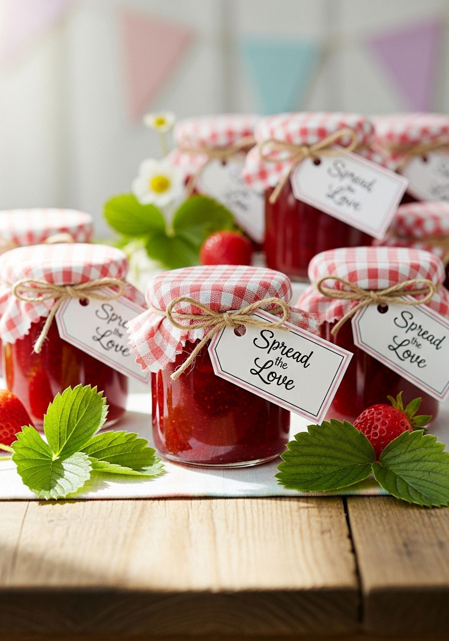 Adorable mini jars of strawberry jam with gingham fabric lids and 'Spread the Love' tags, perfect for a rustic DIY baby shower favor.