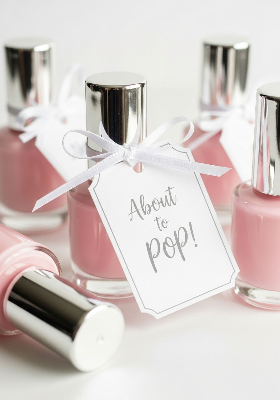 Chic DIY baby shower favor idea featuring bottles of pastel pink nail polish with a clever 'About to Pop!' tag tied with a ribbon.