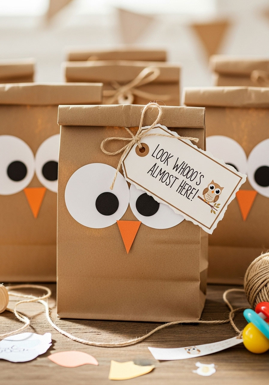 Charming DIY owl treat bags made from paper with a 'Look Whooo's Almost Here!' tag, perfect for a woodland baby shower favor.