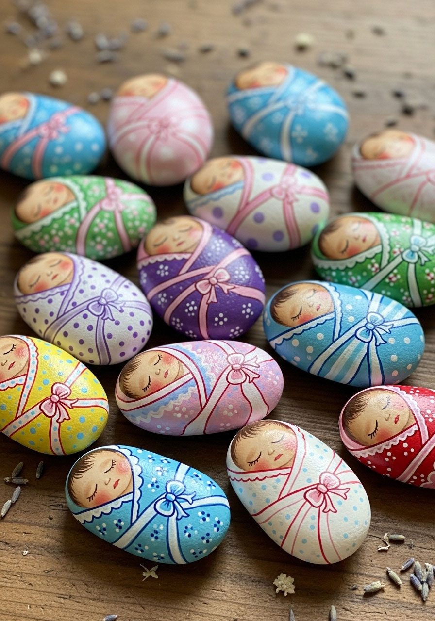 A collection of smooth stones hand-painted to look like tiny swaddled babies, an artistic and unique DIY baby shower favor.