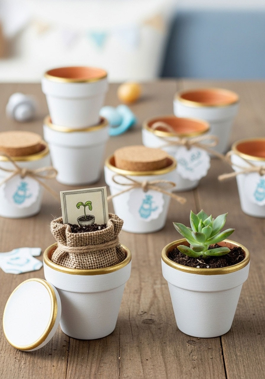 Tiny terracotta pots hand-painted in white and gold, a creative DIY baby shower favor for guests to plant their own flower.