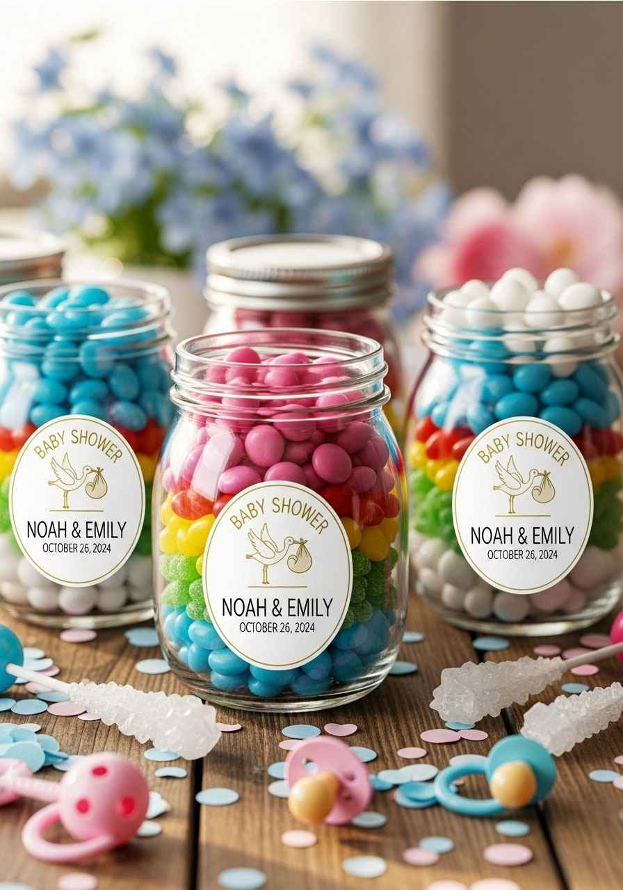A classic DIY baby shower favor of a personalized mason jar filled with colorful candy and featuring a custom event sticker.