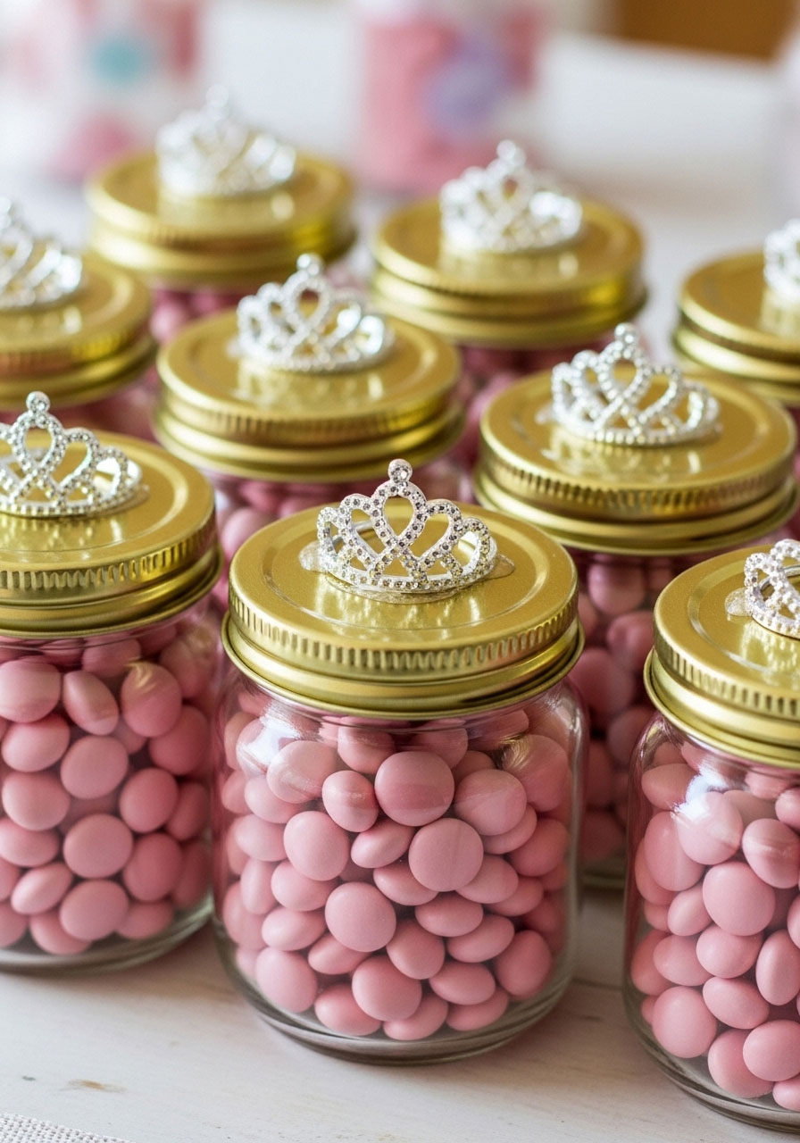 Upcycled baby food jars with gold lids and princess crowns, a royal and creative DIY favor for a princess baby shower.
