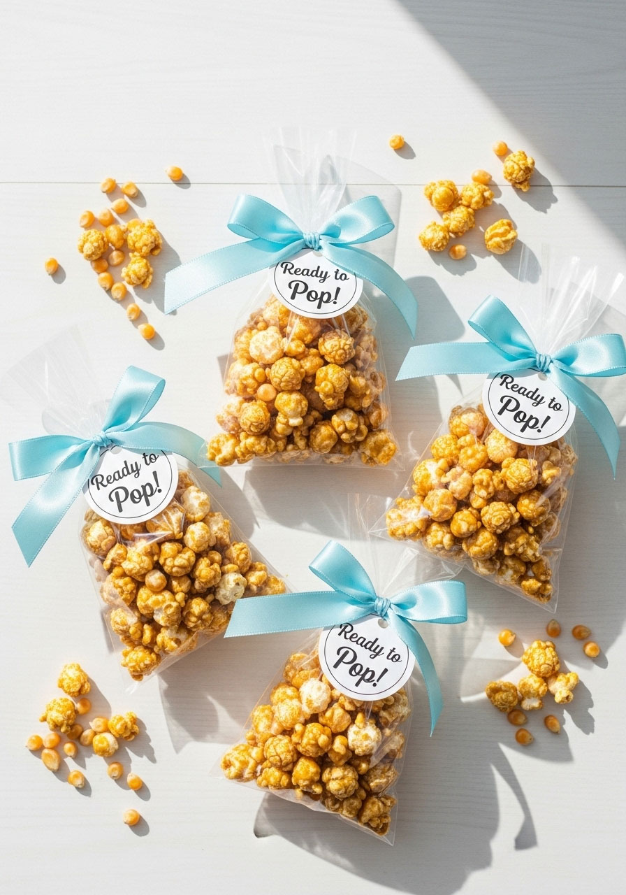 Three clear bags of caramel popcorn as DIY baby shower favors, tied with blue ribbon and a 'Ready to Pop!' tag on a white table.