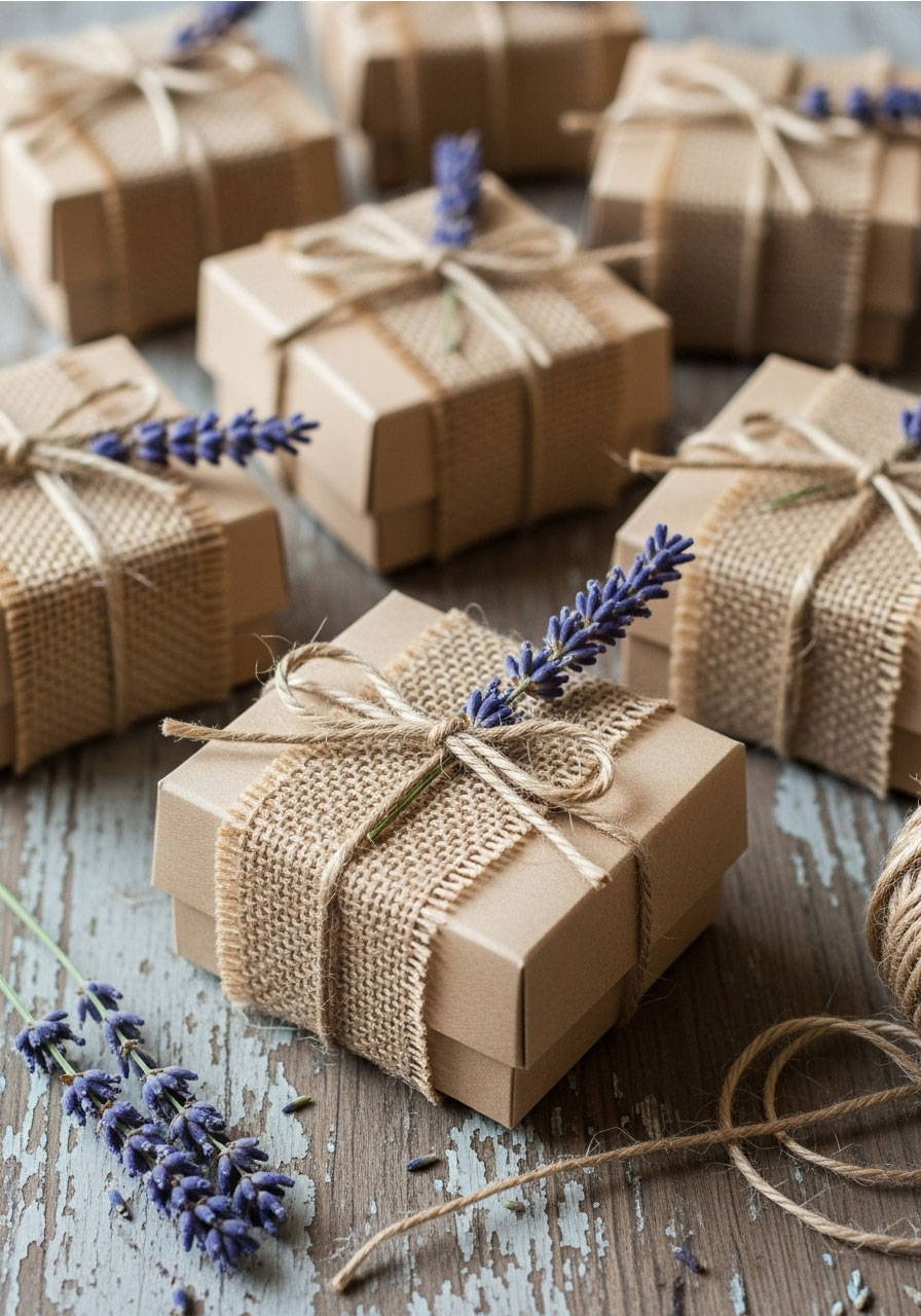 Rustic-chic DIY baby shower favor boxes made from kraft paper, wrapped in burlap and tied with twine and lavender.