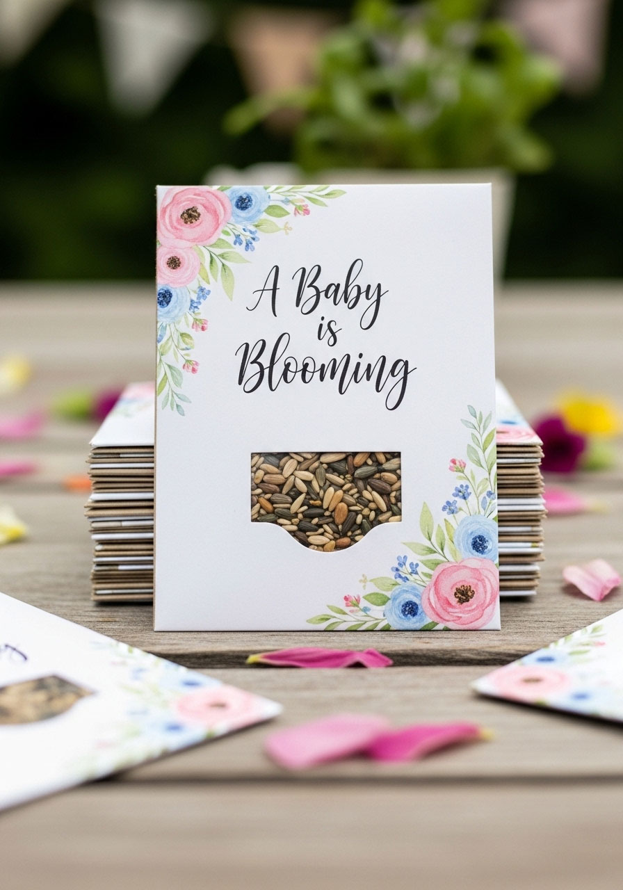 Custom floral seed packets with 'A Baby is Blooming' text, a beautiful and eco-friendly DIY baby shower favor idea.