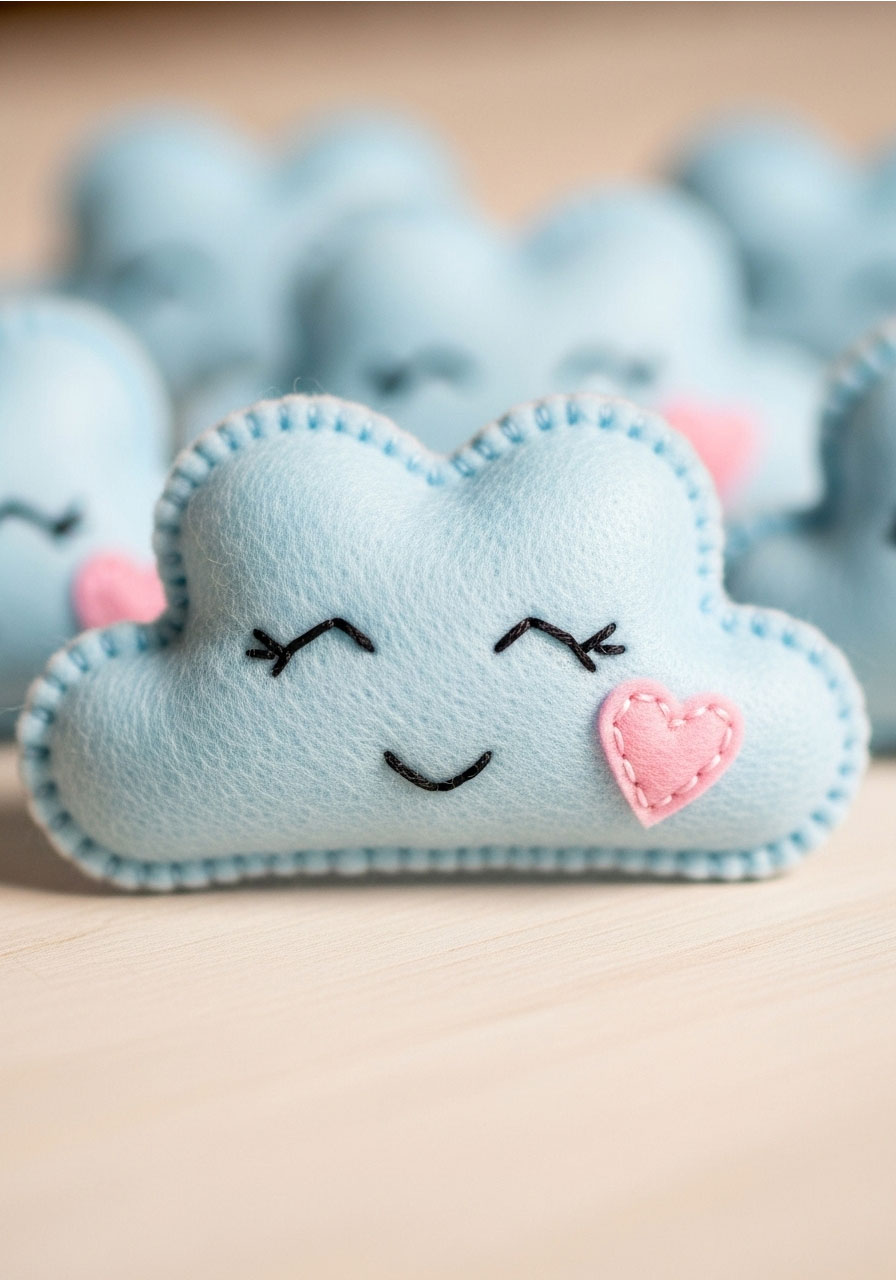 A charming hand-sewn felt cloud toy, a personal and thoughtful DIY baby shower favor that shows a crafty touch.