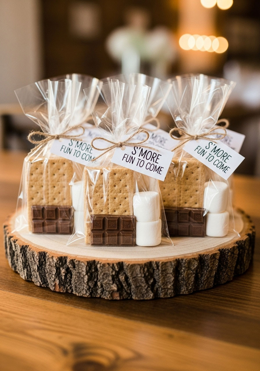 DIY baby shower favors of s'mores kits in clear bags with a graham cracker, chocolate, marshmallow, and a punny tag.