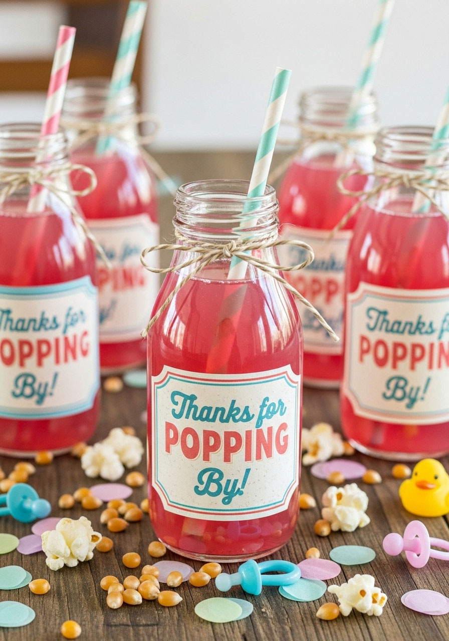 Fun retro soda bottles with 'Thanks for Popping By!' custom labels, a bubbly and refreshing DIY baby shower favor idea.