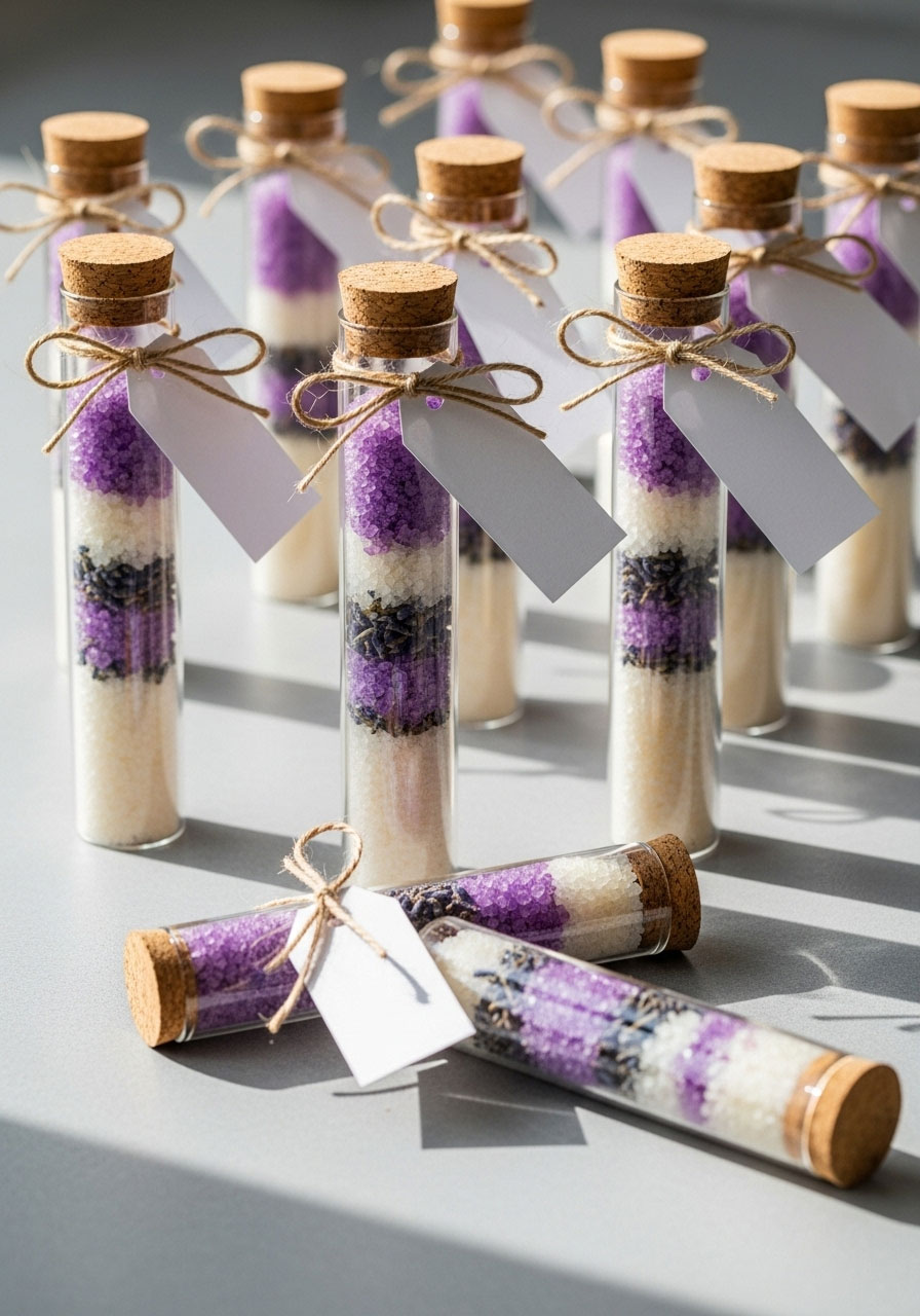 Elegant DIY baby shower favors of soothing bath salts with lavender buds layered in clear test tubes with cork stoppers.
