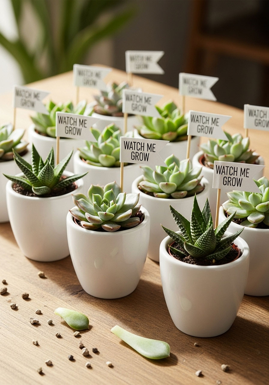 Adorable mini succulents in white pots with 'Watch Me Grow' tags, presented as a trendy and green DIY baby shower favor.