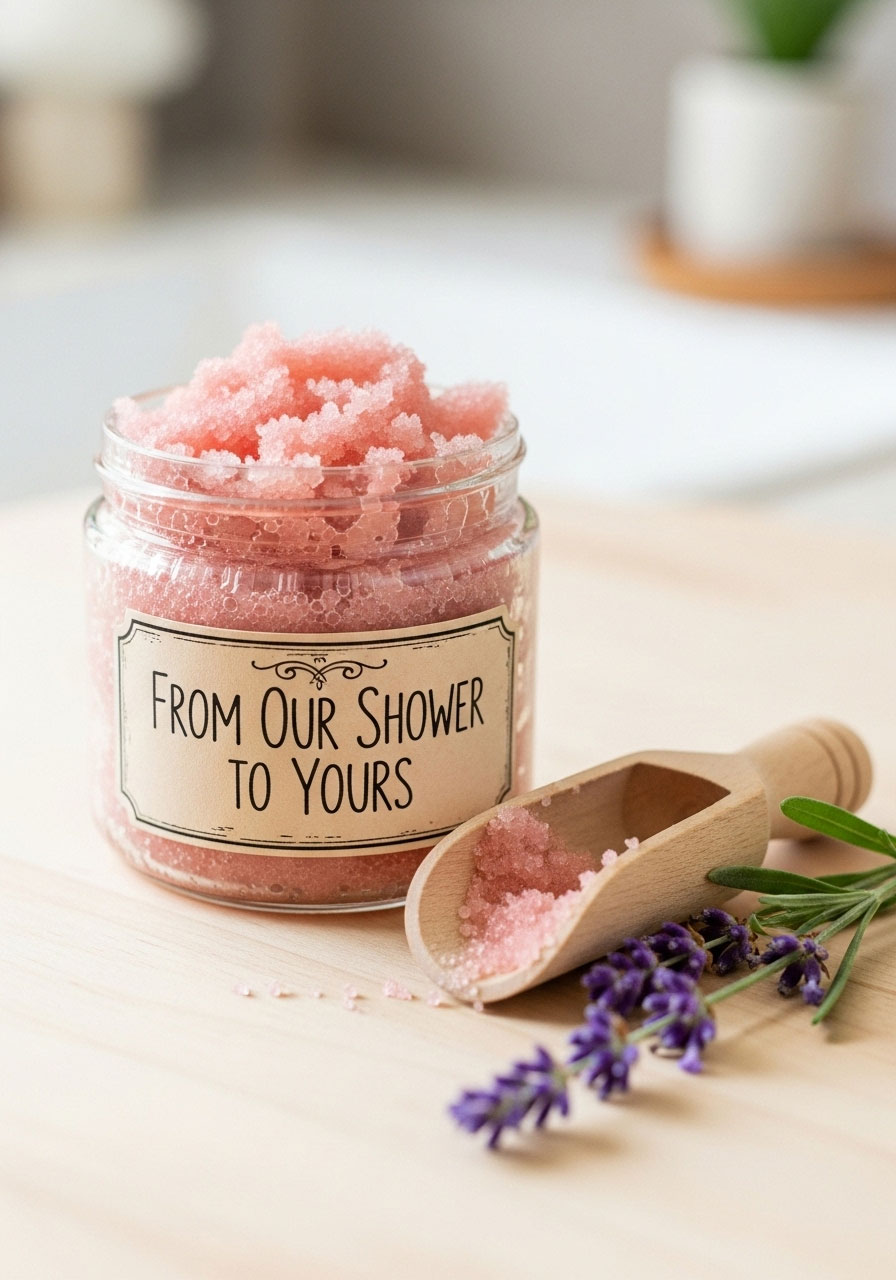 A beautiful jar of homemade pink sugar scrub with a 'From Our Shower to Yours' tag, presented as a relaxing DIY baby shower favor.