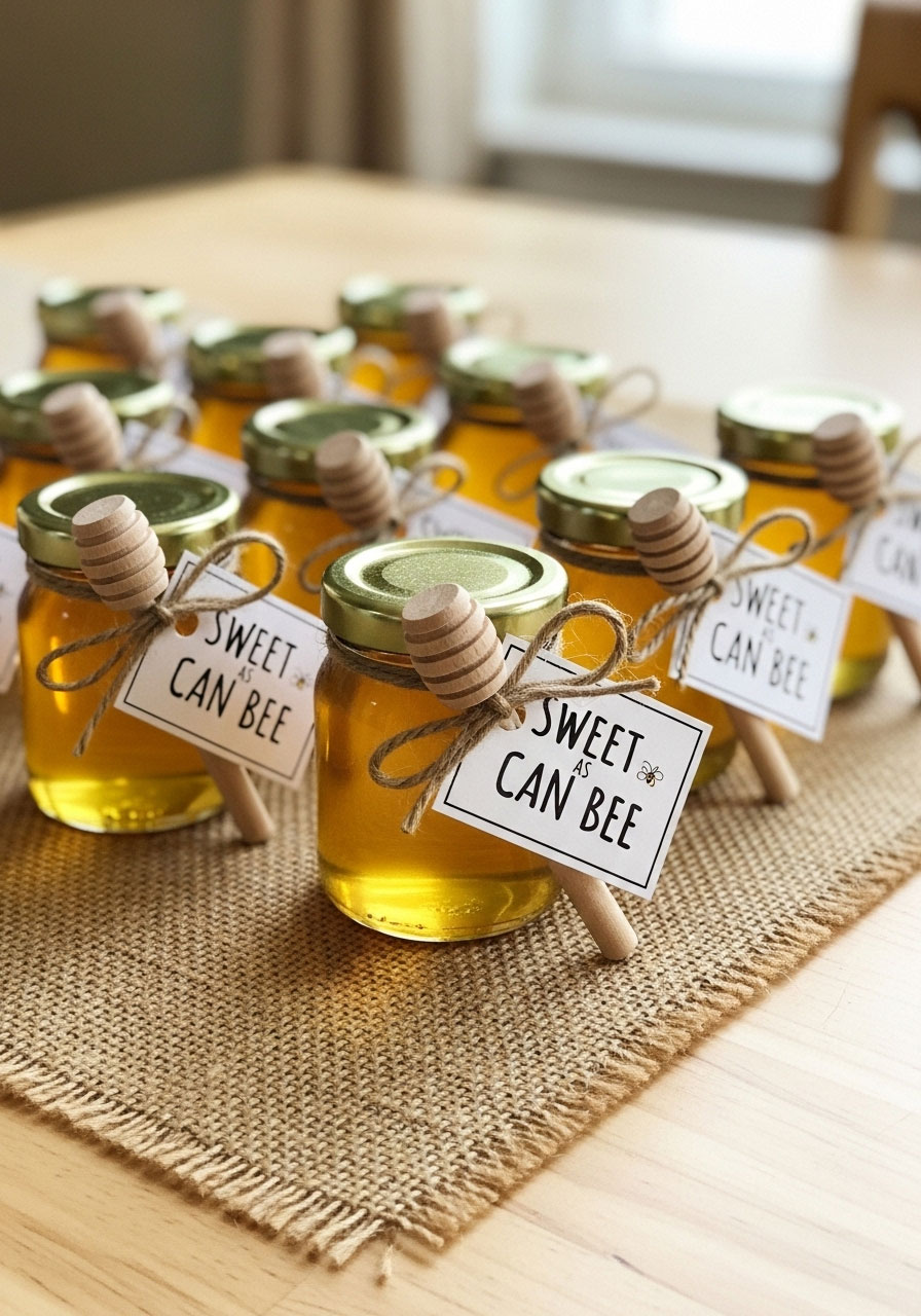 Small jars of honey with wooden dippers and 'Sweet as Can Bee' tags, arranged as rustic DIY baby shower favors.