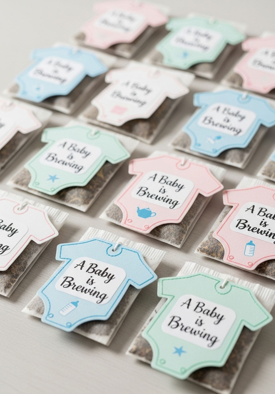 Elegant DIY baby shower tea favors, featuring tea bags with custom 'A Baby is Brewing' tags shaped like a onesie.