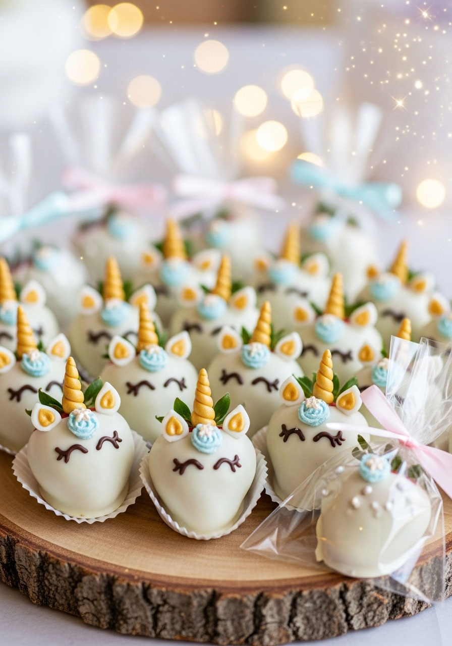 Magical DIY baby shower favors of fresh strawberries dipped in white chocolate and decorated to look like enchanting unicorns with golden horns.