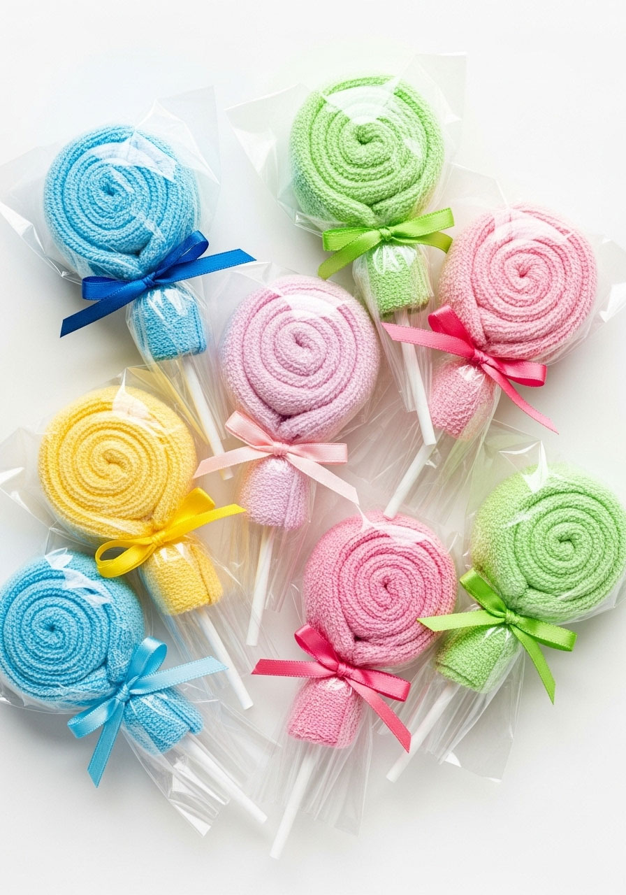 Practical and cute DIY baby shower favors made from colorful baby washcloths rolled to look like lollipops.