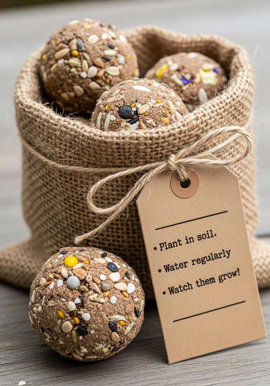 A burlap bag of DIY wildflower seed bombs, offering a fun and eco-conscious baby shower favor for guests to plant.