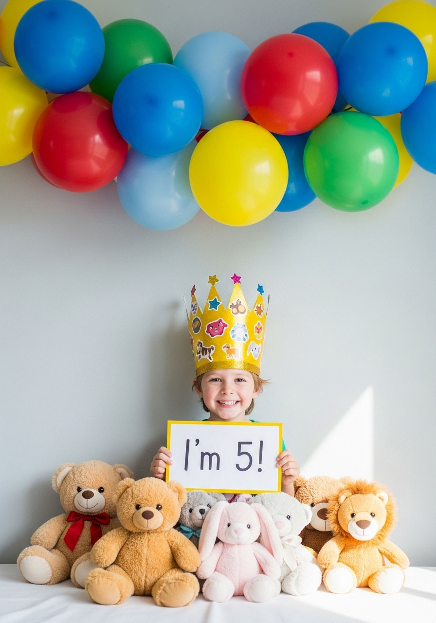 Child wearing DIY birthday crown at homemade photo booth with balloons and props for birthday memories