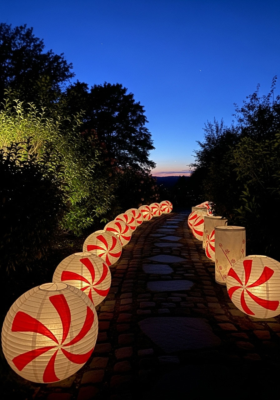 DIY peppermint candy stripe light border lining walkway and pathway