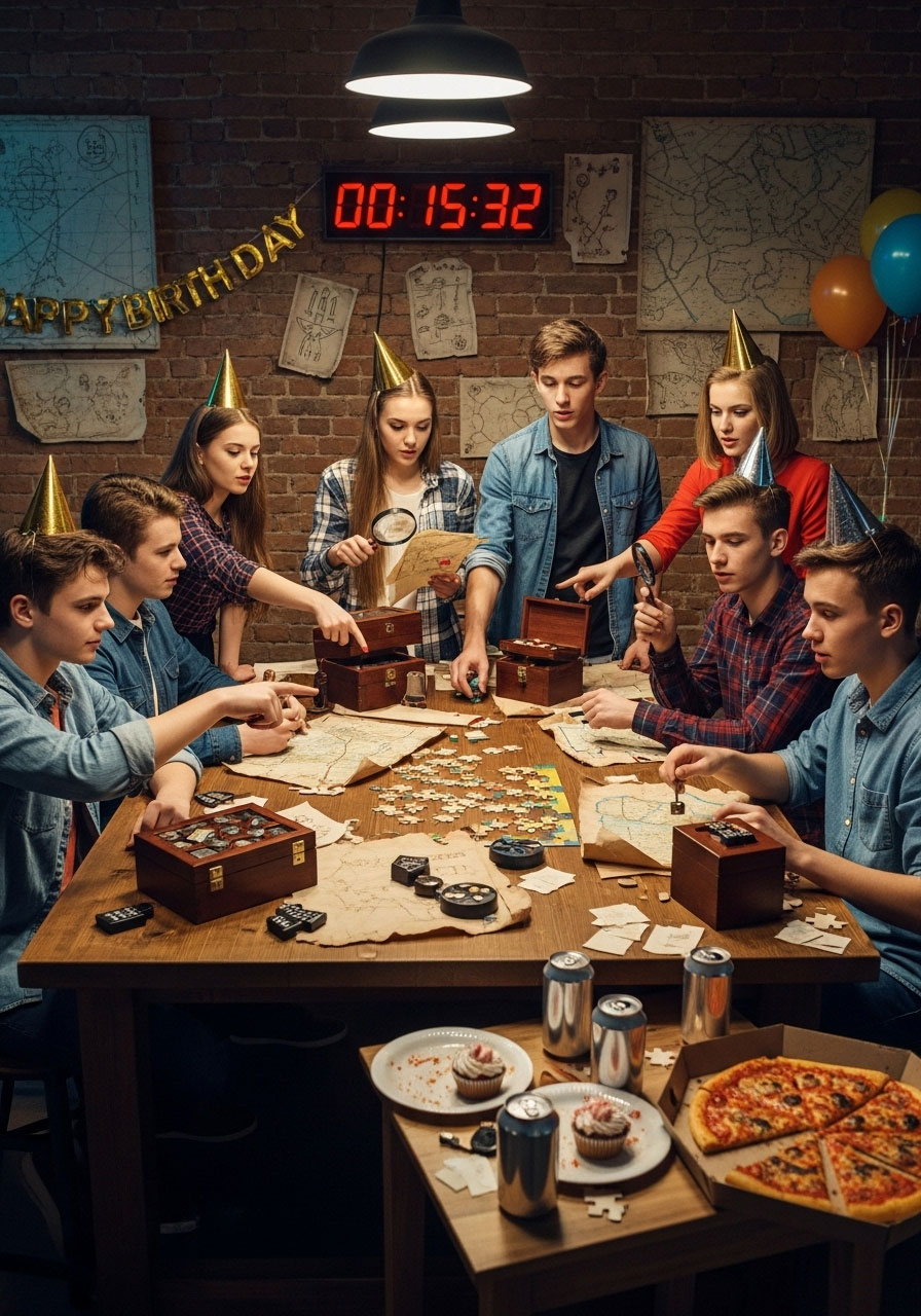 Teenagers solving puzzles and clues in DIY escape room party game
