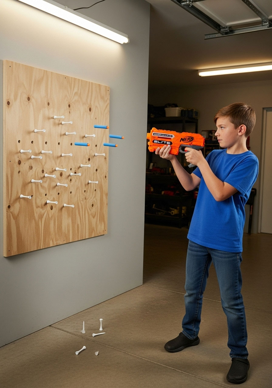 Homemade golf tee Nerf target board game with foam darts for Dude Perfect style birthday party shooting challenge