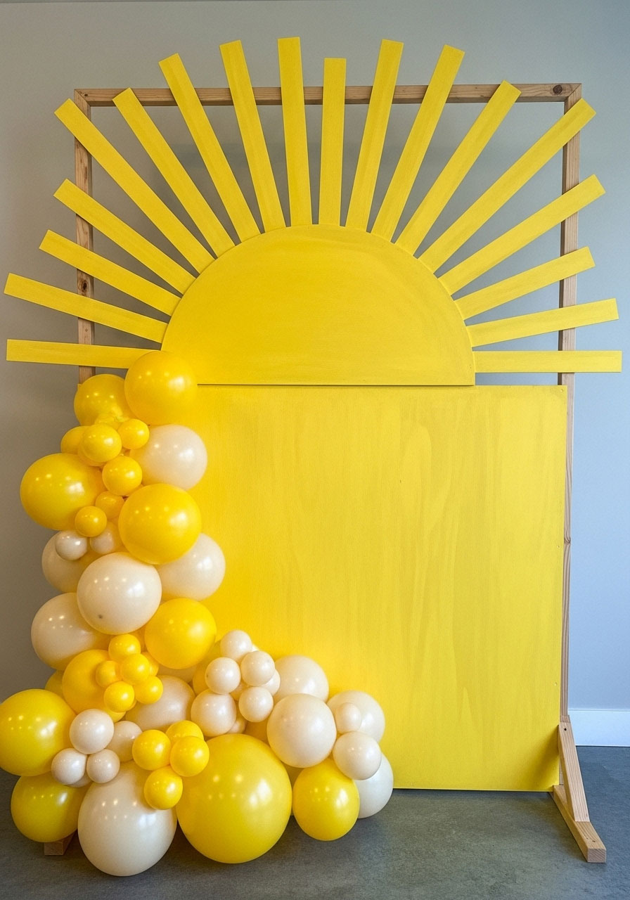 DIY half-sun plywood backdrop with radiating wooden rays surrounded by yellow balloons for baby boy shower