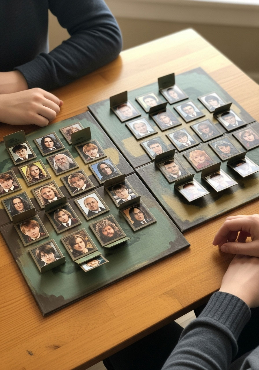 DIY Harry Potter Guess Who game with character photo boards for two-player birthday party activity