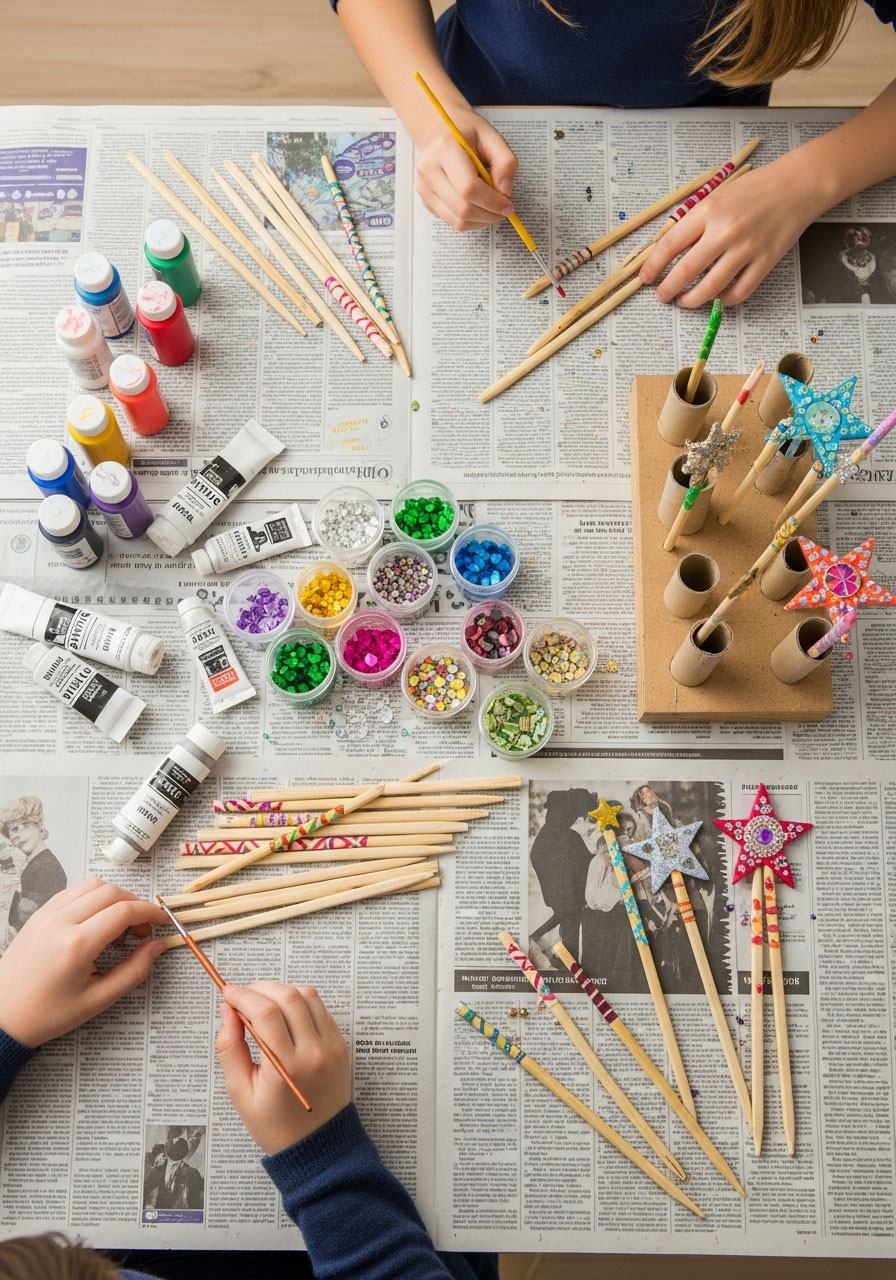 Kids making DIY Harry Potter wands with chopsticks, paint, and glitter at magical birthday party craft station