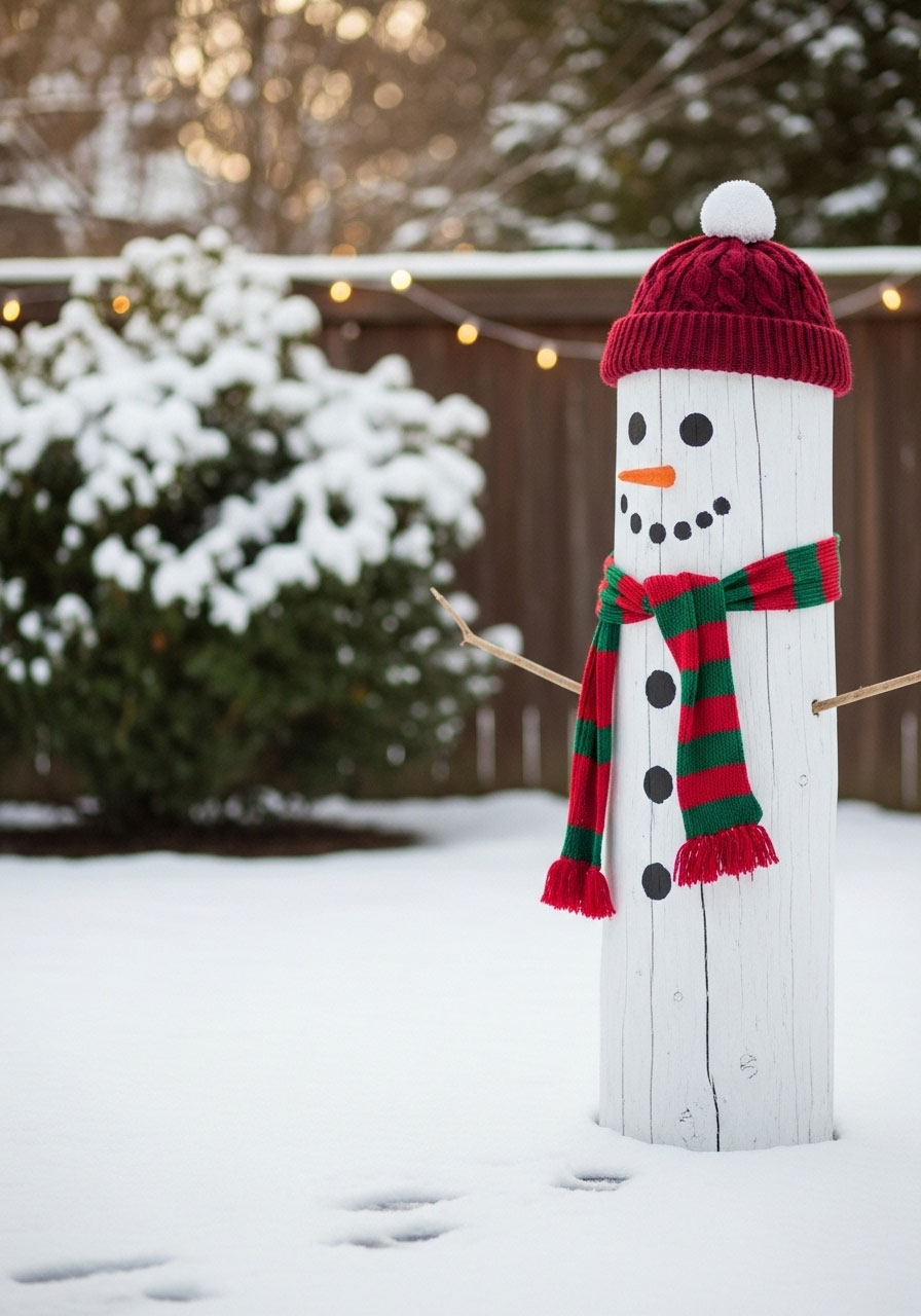 DIY snowman from single painted log with hat and scarf