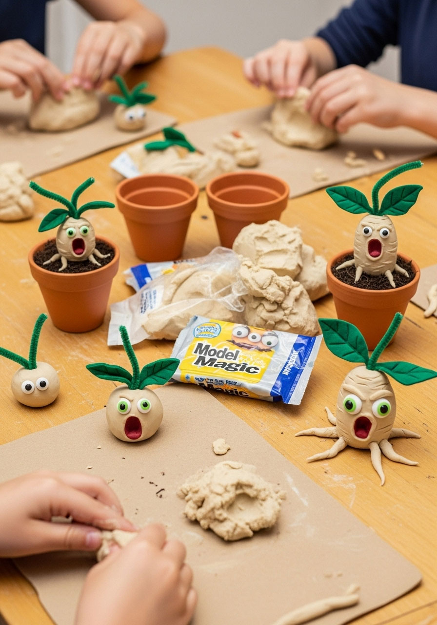 Kids making DIY mandrake crafts with clay, googly eyes, and pots at Harry Potter birthday party station