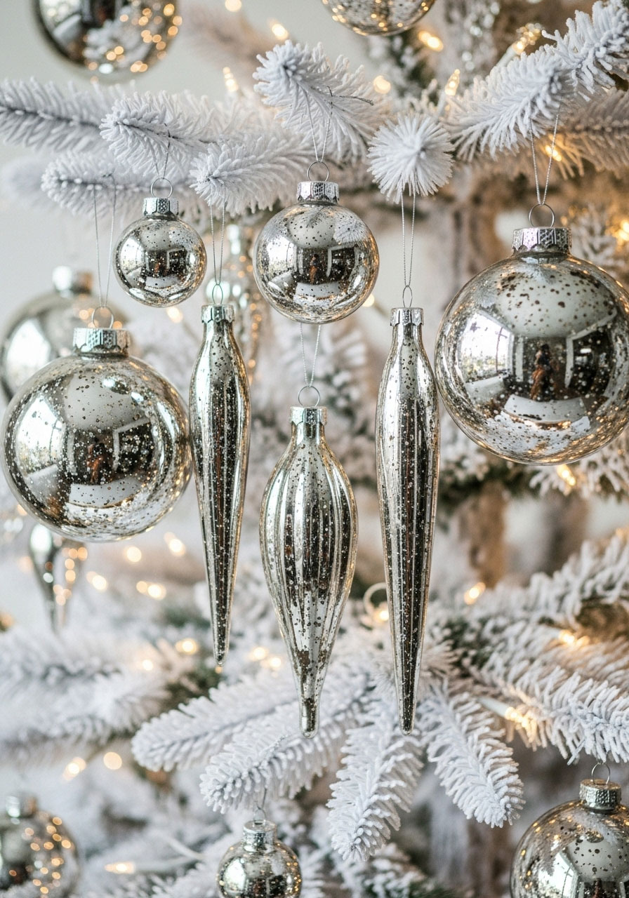 DIY mercury glass effect ornaments with vintage silver finish hanging on Christmas tree for elegant old-fashioned holiday decor