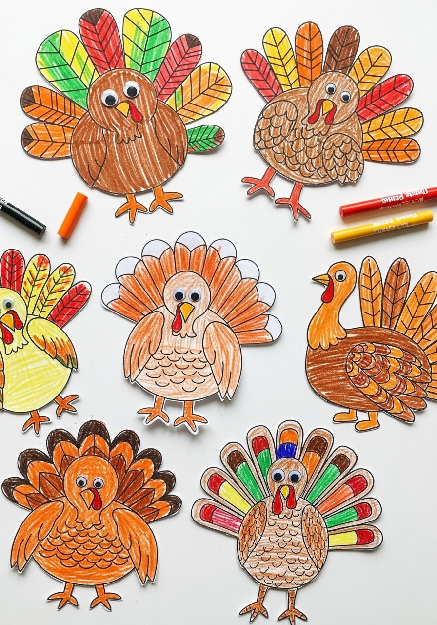 Handmade paper turkey decorations colored by children with markers and crayons for Thanksgiving window display