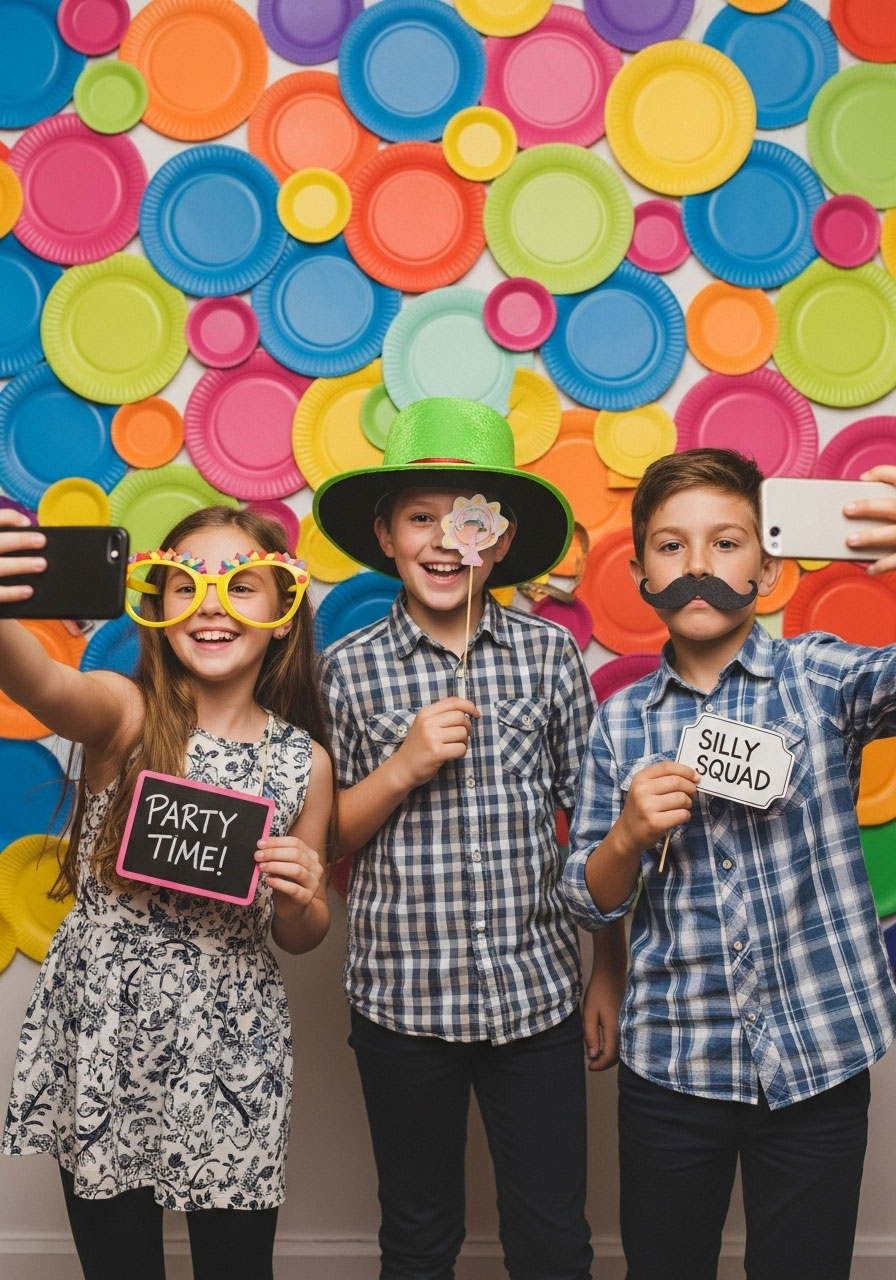 Kids posing at DIY photo booth with props at indoor birthday party celebration
