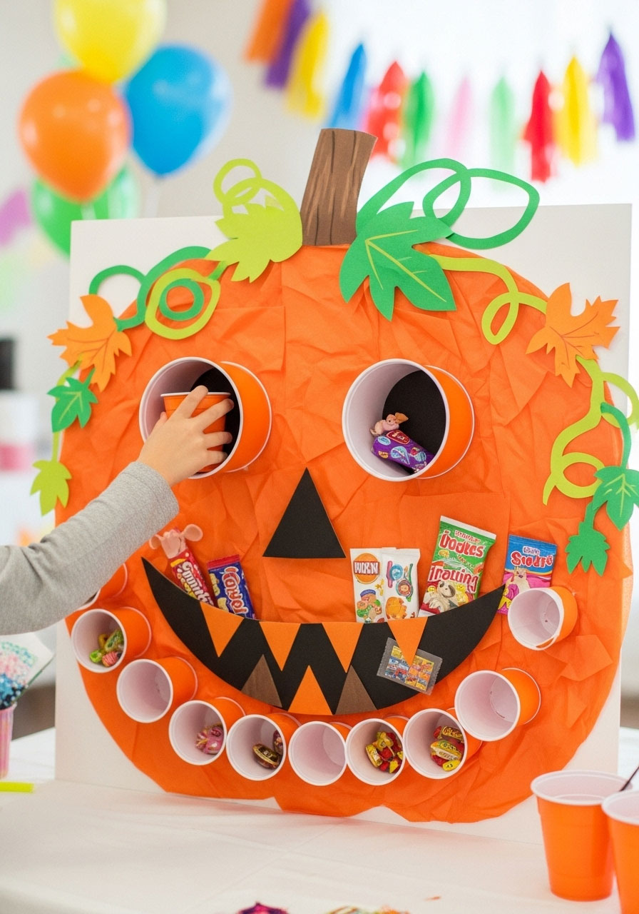 DIY poke-a-pumpkin game board with orange cups and tissue paper for kids Halloween party