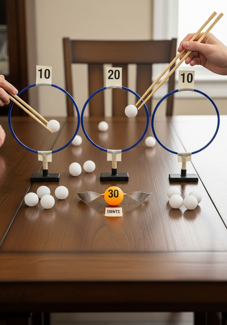 DIY table Quidditch birthday game with hula hoop goals, chopstick brooms, and golden snitch for Harry Potter party