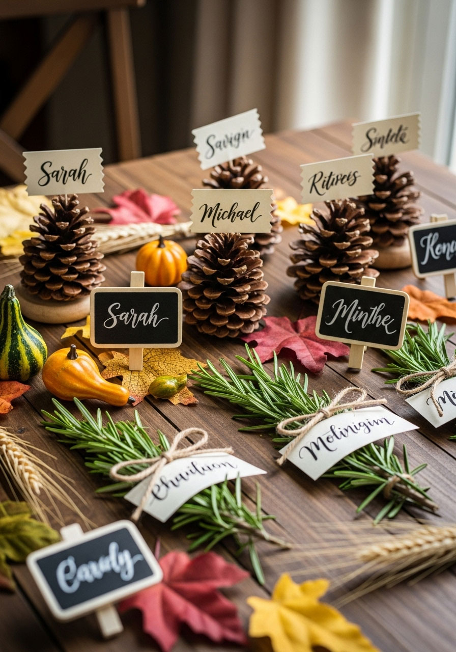 Creative DIY Thanksgiving place card ideas including pinecone holders, rosemary sprigs, and mini chalkboard name tags