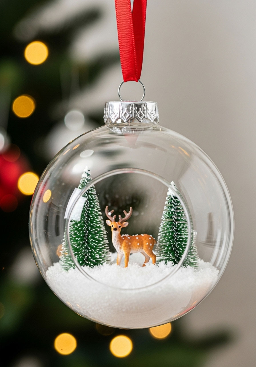 DIY waterless snow globe ornament with miniature figurine, easy adult Christmas craft idea for tree decorations