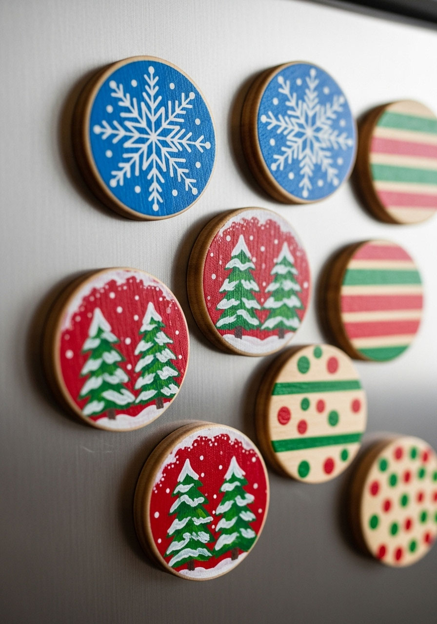 DIY wooden Christmas magnets adult craft, hand-painted holiday designs for kitchen decoration or gifts