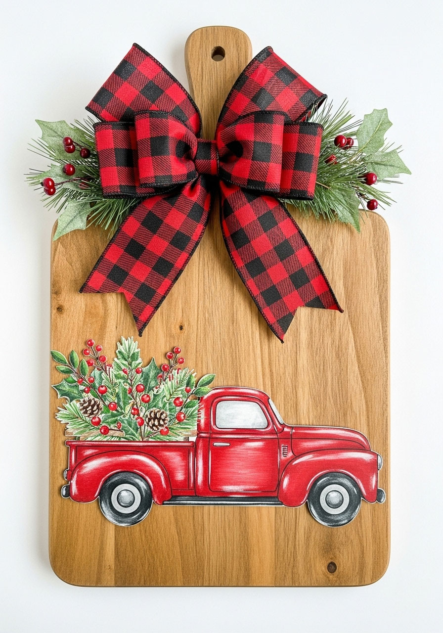 DIY Dollar Tree cutting board with vintage red truck design, buffalo plaid ribbon, and Christmas greenery for farmhouse holiday decor