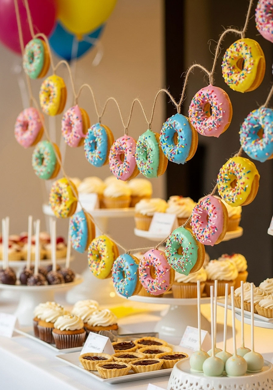 Finished donut garland above table showing mini glazed donuts with colorful sprinkles