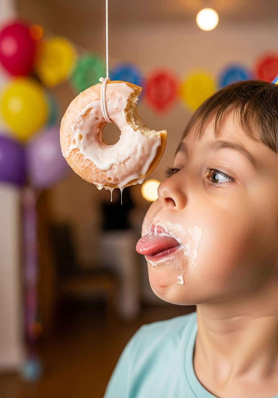 Child eating hanging donut without hands during fun birthday party food game