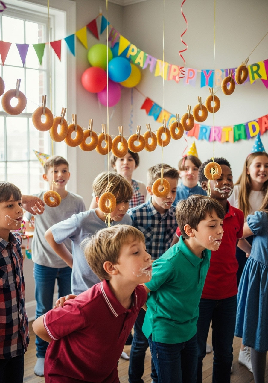 Children playing doughnut eating challenge with hands behind backs at birthday party