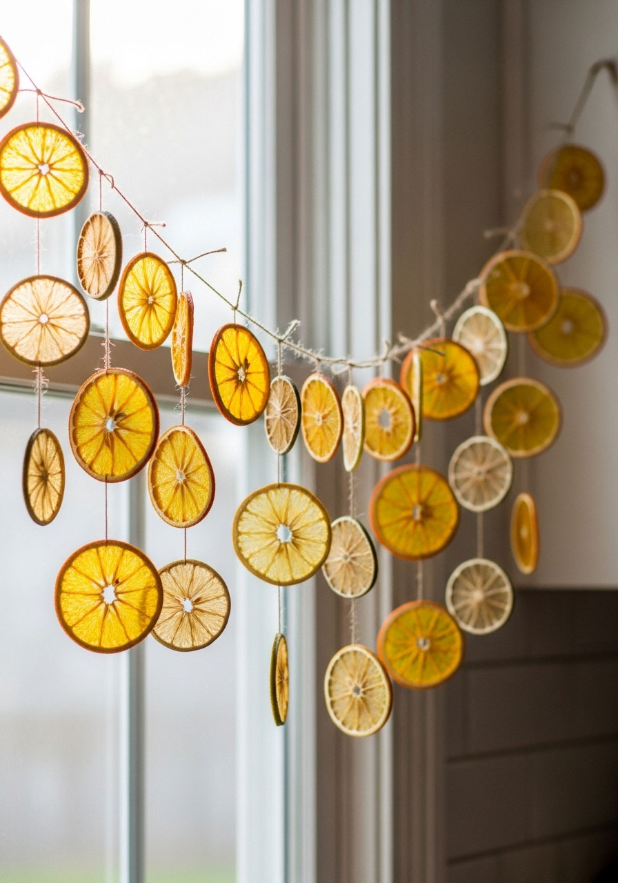 Finished dried citrus slice garland in window showing thin sliced citrus on twine display