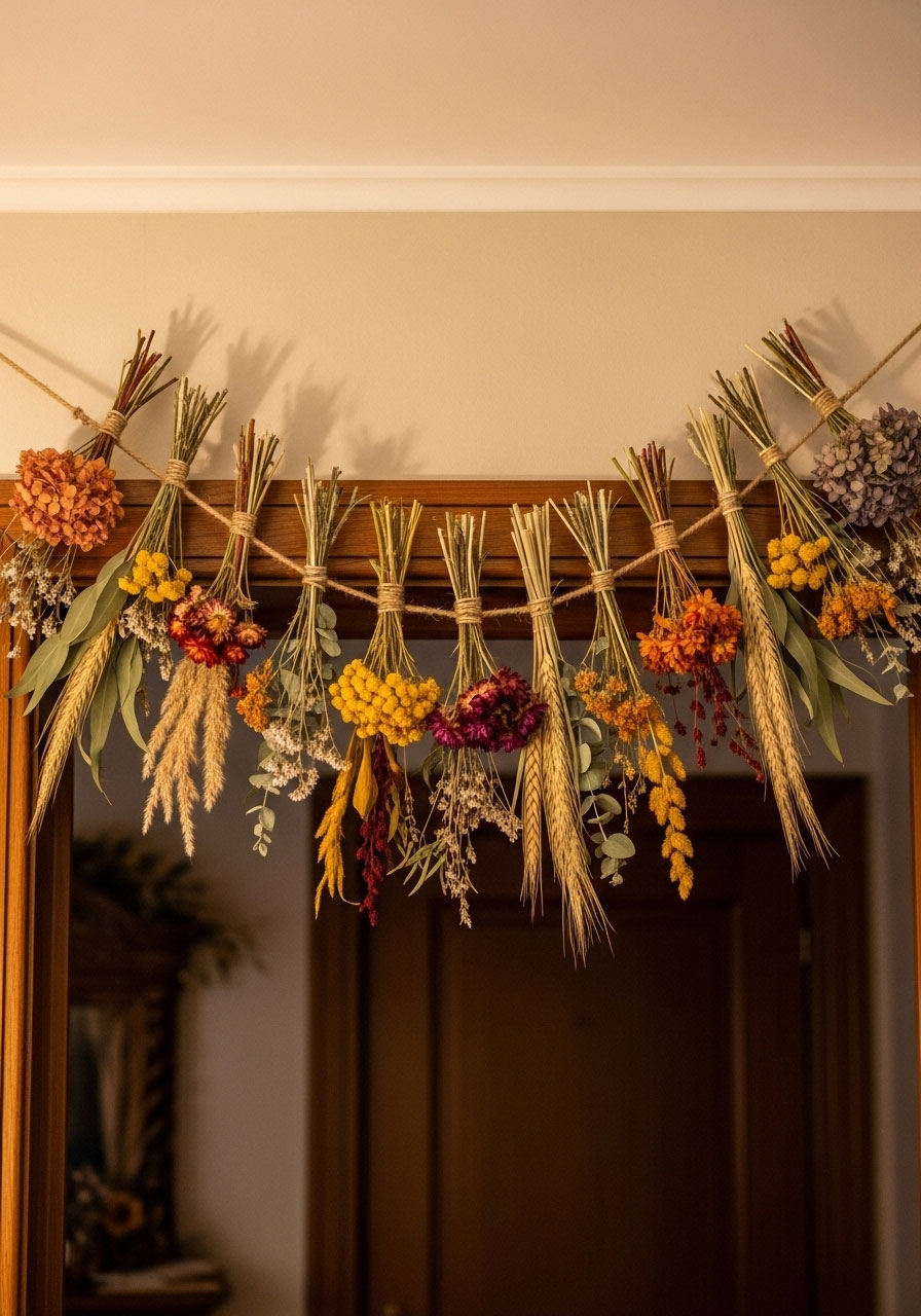 Finished dried flower garland above doorway showing bundled flowers in fall colors