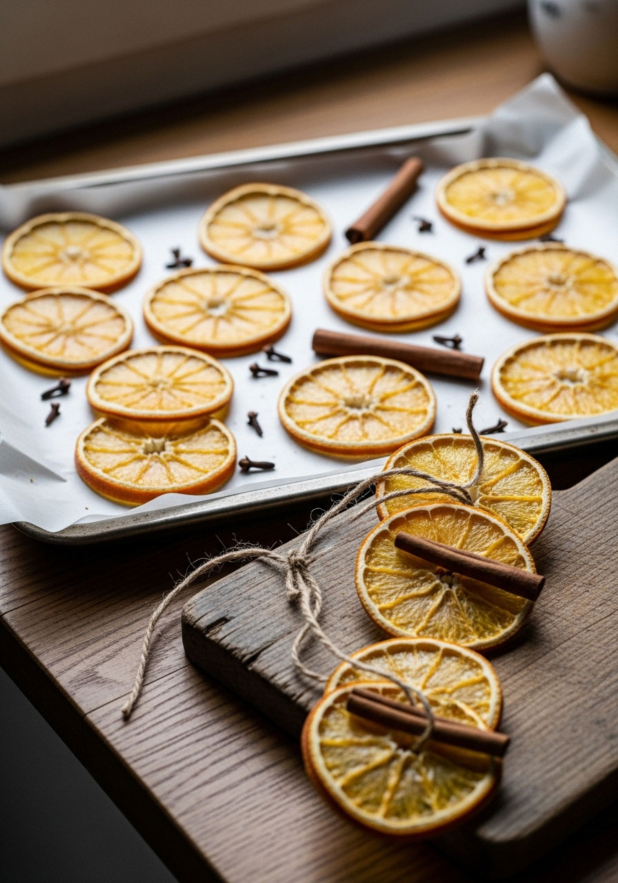 Dried orange slices on baking sheet and hanging with twine for versatile natural Christmas decoration craft